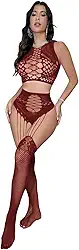 Conjunto de lingerie feminina sexy de duas peças de malha vazada arrastão e meias altas para stripper