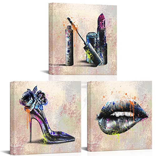 Lyerartork Vintage Fashion Canvas Wall Art Retro High Heels Shoes Lips Lipstick Picture Prints Artwork Modern Woman Girl Bedroom Beauty Salon Wall Decoration Gift 12X12Inch Each Piece (Small) #TOP15