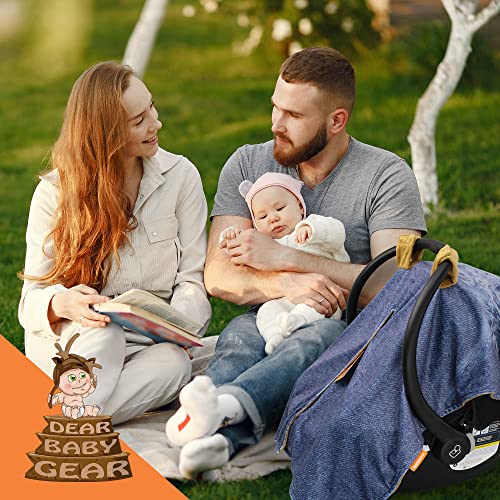 Image of Dear Baby Gear Car Seat Cover for Boys & Girls - Baby Carseat Canopy w /Snap Opening - Infant Seat Cover - Nursing Covers - Newborn Carrier Canopy -40x30 inch(Highland Cow on Denim, Smooth Khaki)