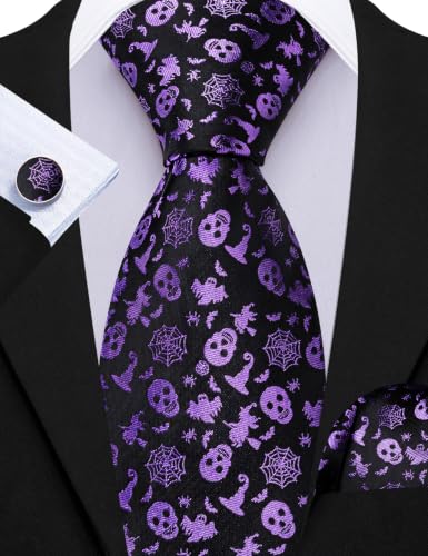 Image of Barry.Wang Men Tie Sets Skull Extra Long Necktie Pocket Square Cufflinks