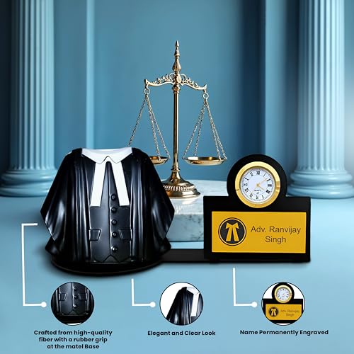 Image of SAVRI Personalized Advocate Coat Pen Stand with Watch & Adv Pen With Name Engraved. Ideal Gift for Advocates, Lawyers, Vakils & Judges. Best for Birthday, Ceremony, Anniversary - Size 4x8 Inch