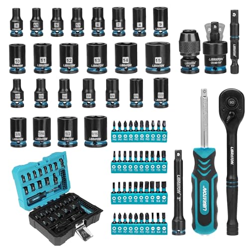 Image of LIBRATON 71PCS 1 /4 Impact Socket Set, Complete SAE & Metric Socket & Bit Set, Impact Ready Drive Socket Kit with 90-Tooth Ratchet & Spinner Handle for Drill & Impact Driver, Automotive Repair Tool Kit