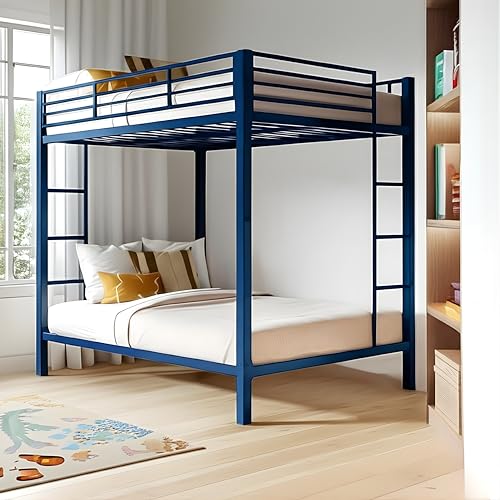 Image of Metal Bunk Bed for Adults and Kids, Sturdy Steel Frame with Guard Rails (3 X 6 Ft) | Blue Finish | Space Saving Design | DIY Assembly for Home and Bedroom