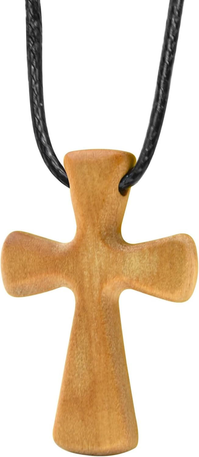 Enkrio Natural Wood Cross Pendant Necklace Tapered Wooden Cross Necklace with Adjustable Leather Cord Religious Jewelry for Men Women