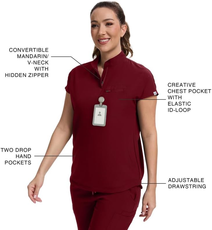 Kitmaz Women's Scrub Set - Convertible Mandarin/V-Neck Top & Straight Pants, 13 Pockets, Wrinkle & Splash Resistant Fabric - Image 3
