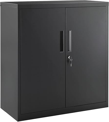 SONGMICS Gabinete de Garaje, Gabinete de Almacenamiento de Metal con Puertas y Estantes, para Oficina en Casa, Garaje y Cuarto de Servicio, Negro
