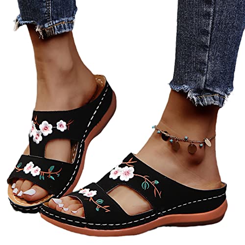 Damen Orthopädische Sandalen Vintage Blumenstickerei Schlappen 2023 Sommer...