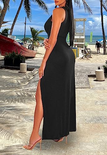 Image of Sexy Maxi Dress for Women Sleeveless High Split Deep V Neck Long Tank Dress