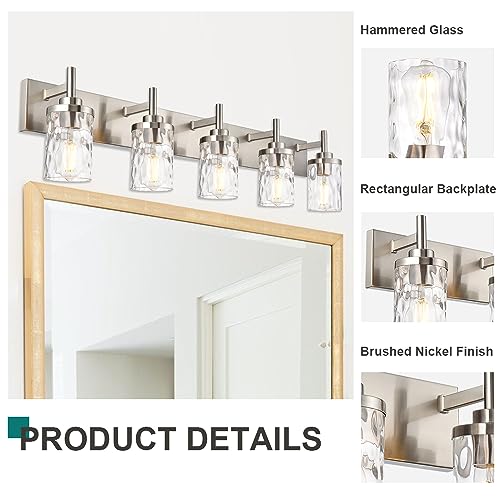 Image of Bathroom Vanity Lighting Fixtures 5 Lights,Brushed Nickel Bathroom Vanity Lights with Clear Hammered Shade Wall Sconce Lighting Modern Farmhouse Bath Lighting