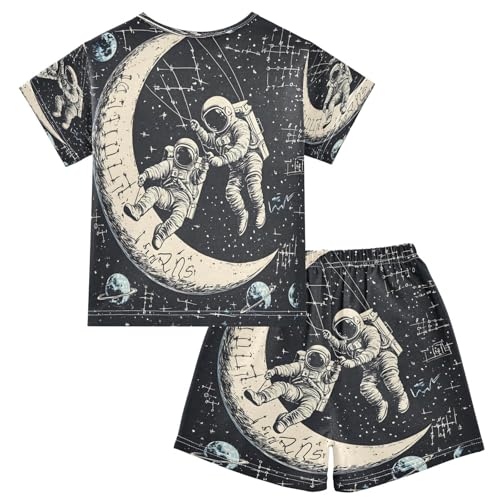 ALAZA Astronaut Moon Solar System Math Pajamas Set Short Sleeve Cotton Sleepwear Summer Pjs 2 Piece 5-14Y2