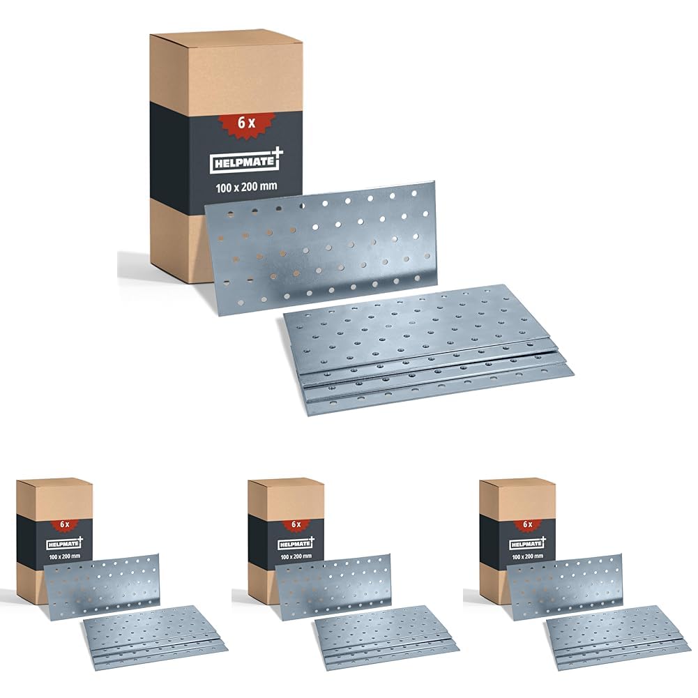 HELPMATE – 6 Stück Lochplatten 100x200 mm – Flachverbinder galvanisch verzinkt & blau passiviert – Holzverbinder mit Korrosionsschutz, stabil & langlebig – einfache Montage (Packung mit 4)