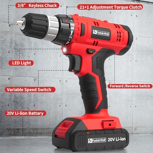 Image of FADAKWALT Cordless Drill Set, 20V Electric Power Drill With Battery And Charger, 30N Torque, 21+1 Settings, 3 /8-Inch Keyless Chuck, Driver Bits Kit, LED Light (Red)