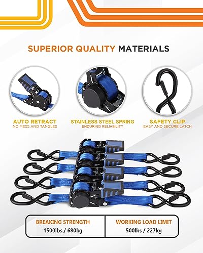 Image of Strapinno 4 Pack Auto Retractable Ratchet Straps Bundle -1 in x 6 ft, 1500 LBS Break Strength Each, Heavy Duty Tie Down Straps for Cargo Securing, Weather Resistant Safety S-Hooks, Blue Strap