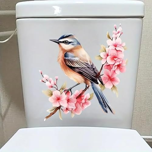 Bird Flower Butterfly Peach Blossom Toilet Cover Sticker Decals,Spring Flower Le