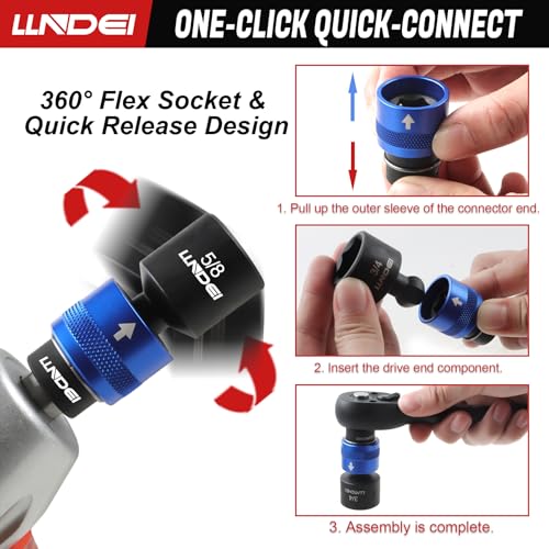 Image of LLNDEI 29Pcs Swivel Socket Set, Quick Release Design, CR-MO 3 /8 Swivel Sockets Metric(8-22mm)&Sae(5 /16 inch-3 /4 inch), Wobble Socket Set with Ratchet Wrench, Extension Bar and Adapters.
