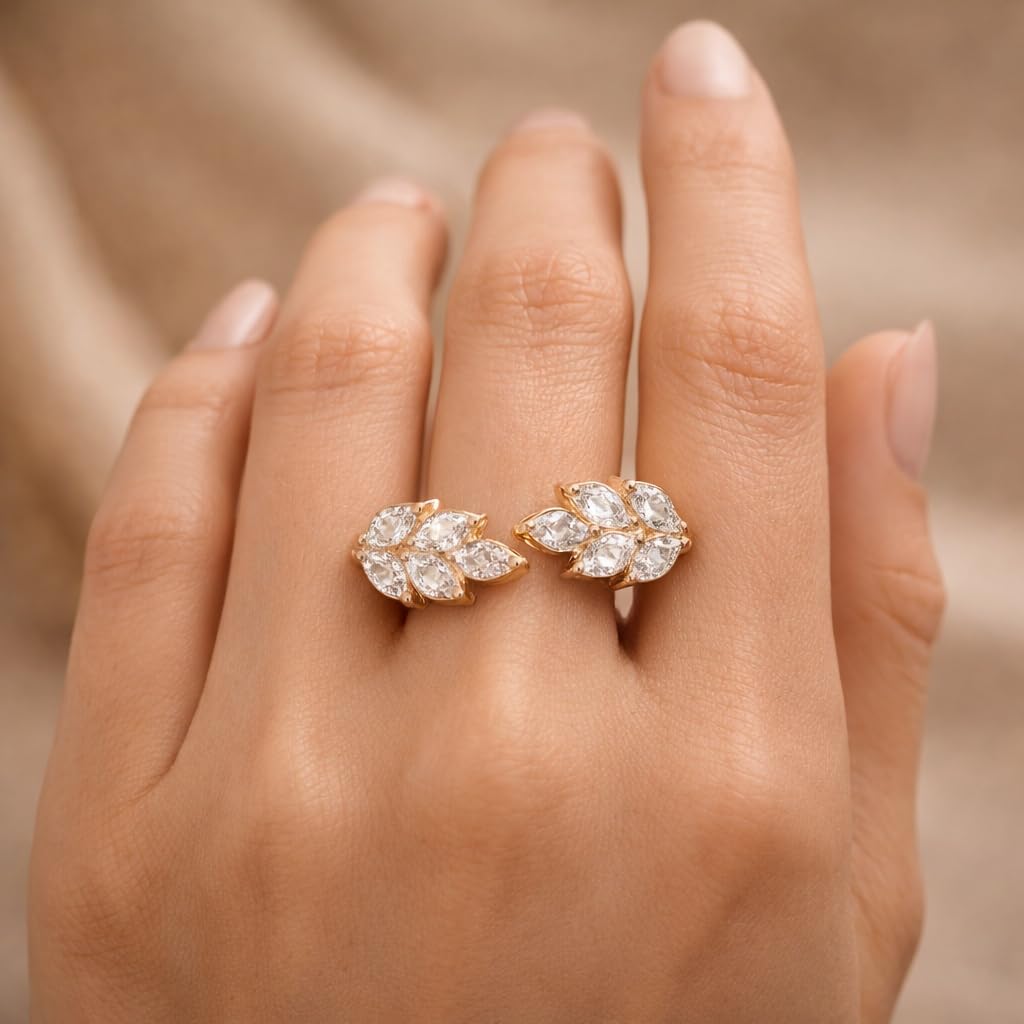 Marquise Cut Diamond Leaf Open Ring in 14K Yellow Gold Nature Inspired Bypass Ring Adjustable Dainty Statement Ring Minimalist Wedding Promise Gift for Women