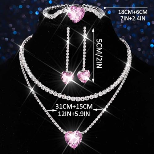 Unicra Pink Rhinestone Necklace Earrings Bracelet Sets Bridal Wedding Jewelry Set Heart Costume Jewelry Sets for Women and Brides (Pink) by Unicra - Used condition - Image 5