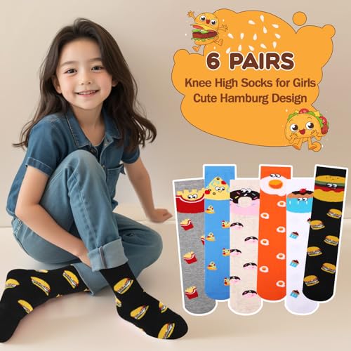 XEPST 6 Pairs Girls Knee High Socks - Colorful Cartoon Design Warm Cotton Knee Socks Mid-Calf Boot Socks Funny Socks Odd Socks Christmas Gifts for Girls 3-12 Years - One Size, Food Pattern4
