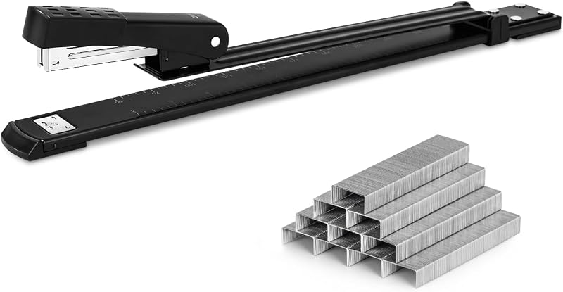 Long Reach Stapler with 1000 Staples, 20 Sheet Capacity, Black | Long Arm Standard Staplers for Booklet or Book Binding