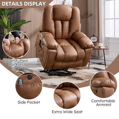 Image of CANMOV Power Lift Recliner Chair with Massage and Heat for Elderly, Overstuffed Wide Recliners, Heavy Duty and Safety Motion Reclining Mechanism with USB Ports, 2 Concealed Cup Holders, Brown