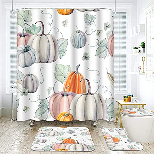 ArtSocket 4-teiliges Duschvorhang-Set, Aquarell-Kürbisse, es ist Thanksgiving, Halloween-Rezept, Fall mit rutschfesten Teppichen, WC-Deckelbezug und Badematte, Badezimmer-Dekor-Set, 182,9 x 182,9 cm Cover