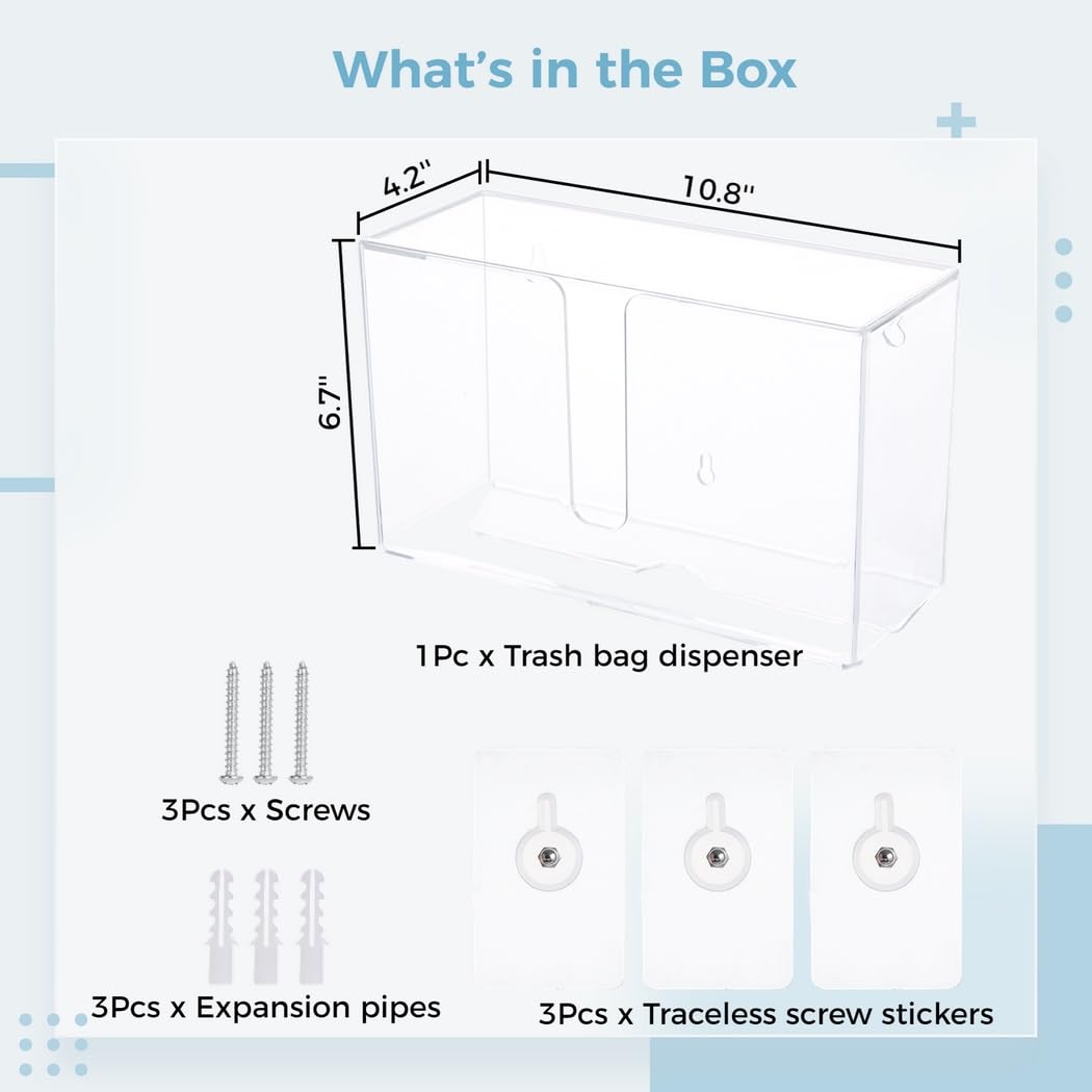 Soporte para bolsas de basura de acrílico transparente montado en la pared, dispensador compacto para bolsas de basura y plástico, caja de almacenamiento fácil de usar con tapa para organización