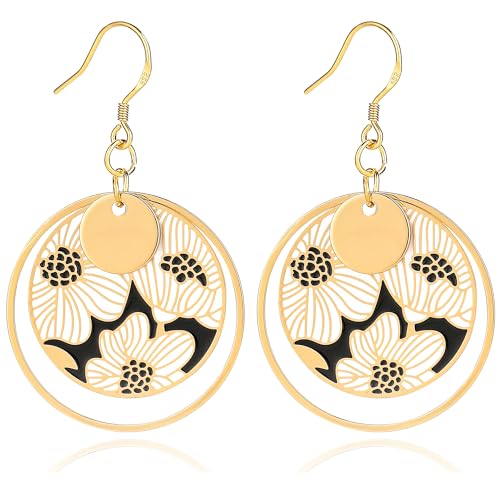 Boho Flower Earrings, Gold Hoop Earrings, Dangle Round Disc Earrings for Women, Handmade Bohemian Trendy Boho Floral Jewelry Gift, Hypoallergenic