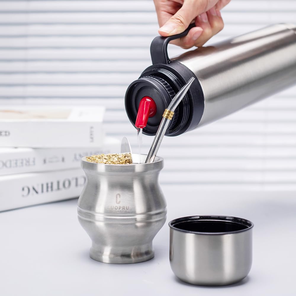 Cuopru Premium Stainless Steel Yerba Mate Kit - Complete Set With Gourd, Insulated Bottle & Accessories, Matte Black
