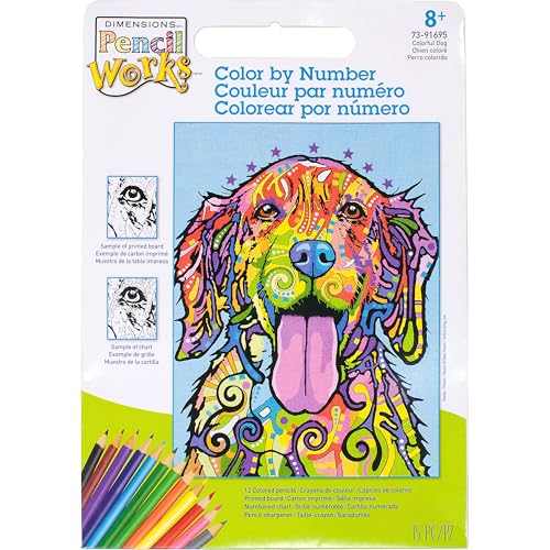 Image of Dimensions 73-91695 PencilWorks Colorful Dog Pencil by Number Kit, 9 inch x 12 inch, Multicolor, 15 Pieces