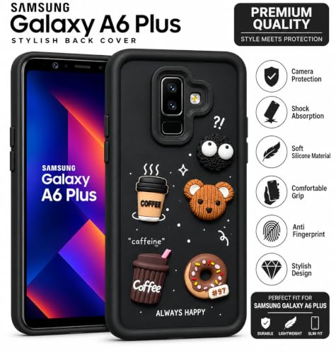 Image of Bintage Back Cover Compatible for Samsung A6+ Plus 4G | Cute Fun Ball | 3D Taddy Smiley Coffee | Milk Case | Full Body Protection - Black
