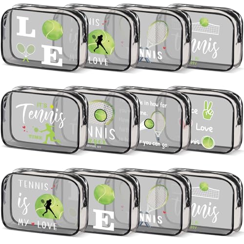 Kacctyen 12 Pcs Tennis Gifts Cosmetic Makeup Bag 7 x 4.7 x 2.4 Inch Tennis Travel Bags Toiletry Pouch for Women Purse Clear PVC Cheer Case Toiletry Zipper Pouch Bulk Gifts Accessories for Team Party