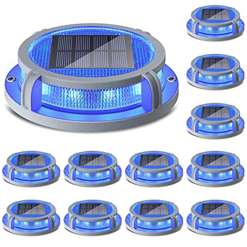 SIEDiNLAR Solar Deck Lights Outdoor 2 Modes 16 LEDs Dock Light Driveway Markers Solar Powered Waterproof for Ground Step Stair Pathway Walkway Garden Yard Road 12 Pack (Blue/Red)