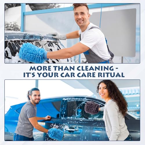 Image of Patelai 30 Pcs Car Wash Mitts Bulk Microfiber Scratch Free Detailing Chenille Car Washing Gloves Hand Double Sided Absorbent Cars Sponge for Washing Cleaning Trucks Boats, 9.45 x 5.9 Inch(Grey,Blue)