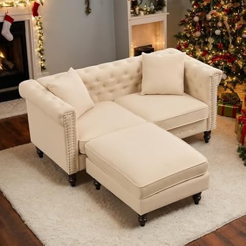 BINGTOO 63'' Sectional Couches for Living Room, Convertible Sofa L Shaped Couches with Ottoman, Thickened Cushions and 2 Soft Pillows, Loveseat Sofa Comfy Couches for Small Spaces (Beige, 2 Seater) Cover