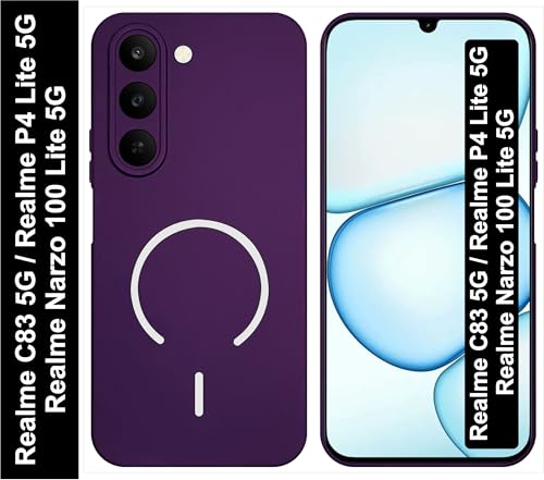 Image of SBMS Silicone Back Cover Case for Realme C83 5G /Narzo 100 Lite /P4 Lite | Soft Micro-Fibre Lining Inside | Magsafe Print On Back Side Camera Protection Bump | Shockproof Case Realme C83 5G (Purple)