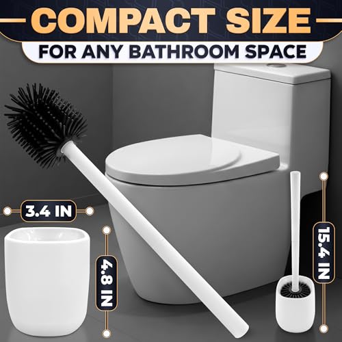Image of Toilet Brush and Holder Set - Silicone Toilet Bowl Brush with White Holder Base, Compact Bath Accessory for Small Spaces - Easy to Place and Simple to Store After Use, Plastic Bathroom Cleaning Tool