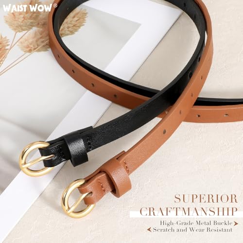 2 Pack Women Skinny Belts for Jeans Dress Thin Faux Leather Belt for Ladies with Adjustable Gold Buckle4