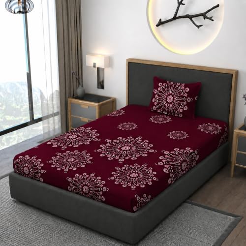 Image of Vaini Premium Heavy Cotton Elastic Fitted Bedsheets with 1 King Size Pillow Covers || Single Bed with All Around Elastic 350 TC || 36 x 78 x 6 Inch Single Size Fitted || :- Maroon Big Flower