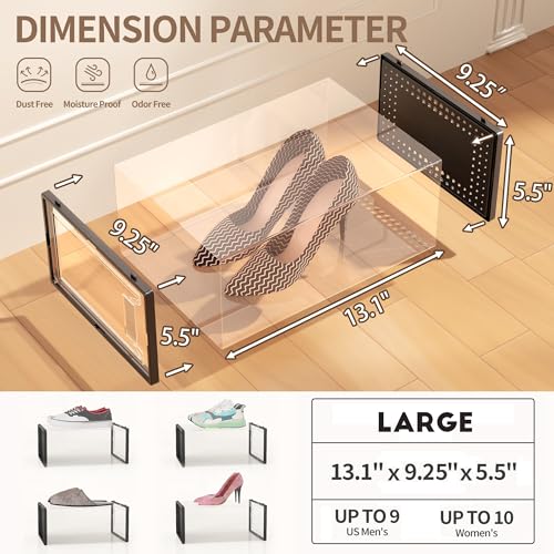 Snaxo 12 Pack Large Clear Shoe Storage Boxes, Stackable Modular Plastic Shoe Organizer Front-Opening Door, Ventilated Dust-Proof Sneaker Display Cases Closet and Entryway, Black — view 5