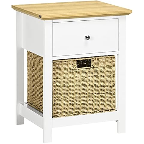 HOMCOM Mesita de Noche Moderno Mesilla de Noche con Cajón de Almacenamiento y Cesta de Ratán Plegable Cover