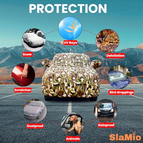 Image of Waterproof Car Body Cover for Renault Triber with Mirror Pocket, Soft Cotton Lining, Triple Stitched, Full Bottom Elastic (Heat Resistant Jungle Print with Red Piping)