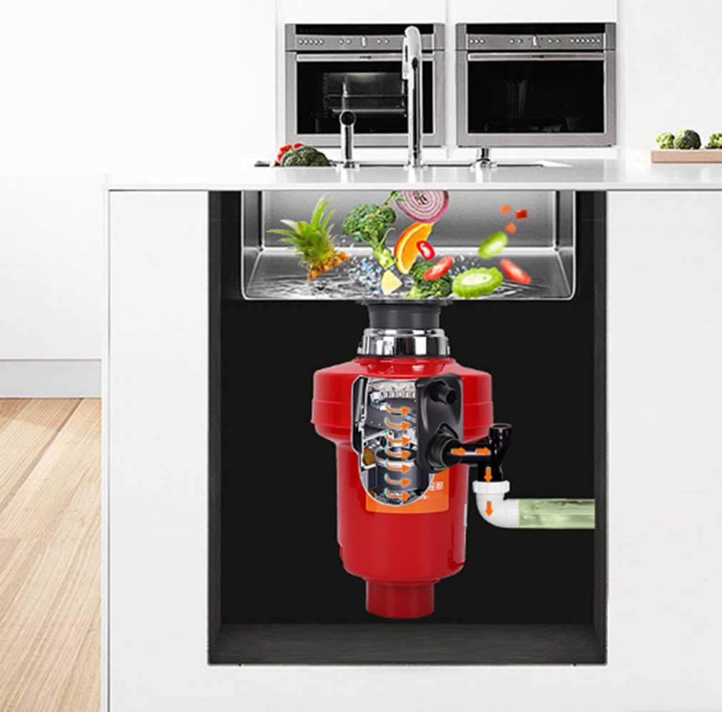 Durable Broyeur de déchets Alimentaires avec Interrupteur Air Protection Anti-surchauffe et Anti-Surcharge Protection Anti-Bruit Cuisine, Red