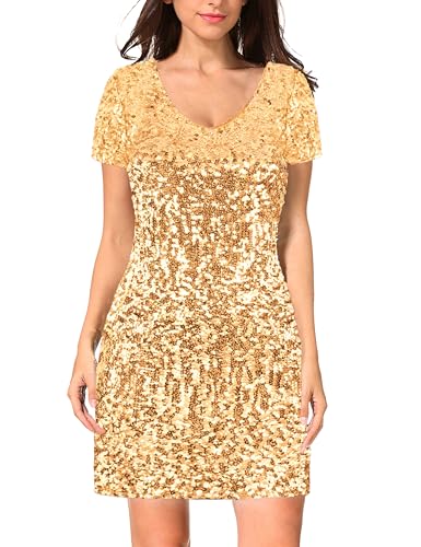 Image of MANER Women's Sequin Glitter Short Sleeve Dress Sexy V Neck Mini Party Club Bodycon Dresses