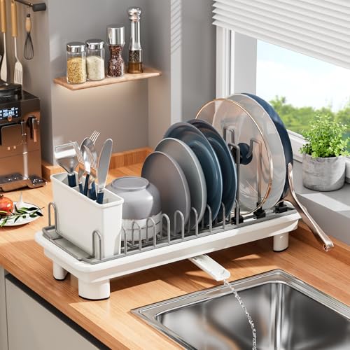 SanDream Small Dish Drying Rack with Removable Utensil Holder & Anti-Scratch Base - Stainless Steel Dish Rack, Dish Drying Rack with Drainage & Space Saving Design for Kitchen Counter, White