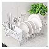 IKEBANA Kitchen In-Sink Chrome Finish Wire Dish Rack, Small Dish Drainer Rack With Removable White Plastic Utensils Holder