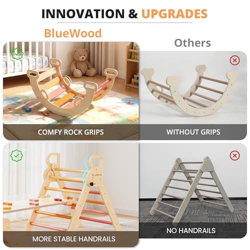 Image of BlueWood Pikler Triangle Set, Toddler Wooden Climbing Toys Indoor 7in1 Foldable Climber for Kids, Montessori Philosophy Play Jungle Gym with Arch, Ramp, Ladder (Farm Charm Autumn)