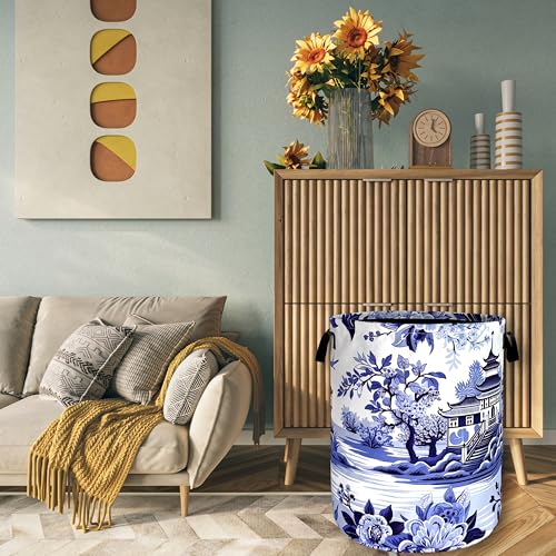 Image of Blue White Porcelain Laundry Basket Oxford Cloth Tote Bag18.9 inchx16.5 inch
