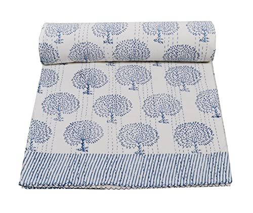 V Vedant Designs Hand Block Print Kantha Quilt, Cotton Kantha Bed Cover, Indian Kantha Quilt, Queen Kantha Bedspread, Handmade Kantha Coverlet Kantha Blanket (Blue)