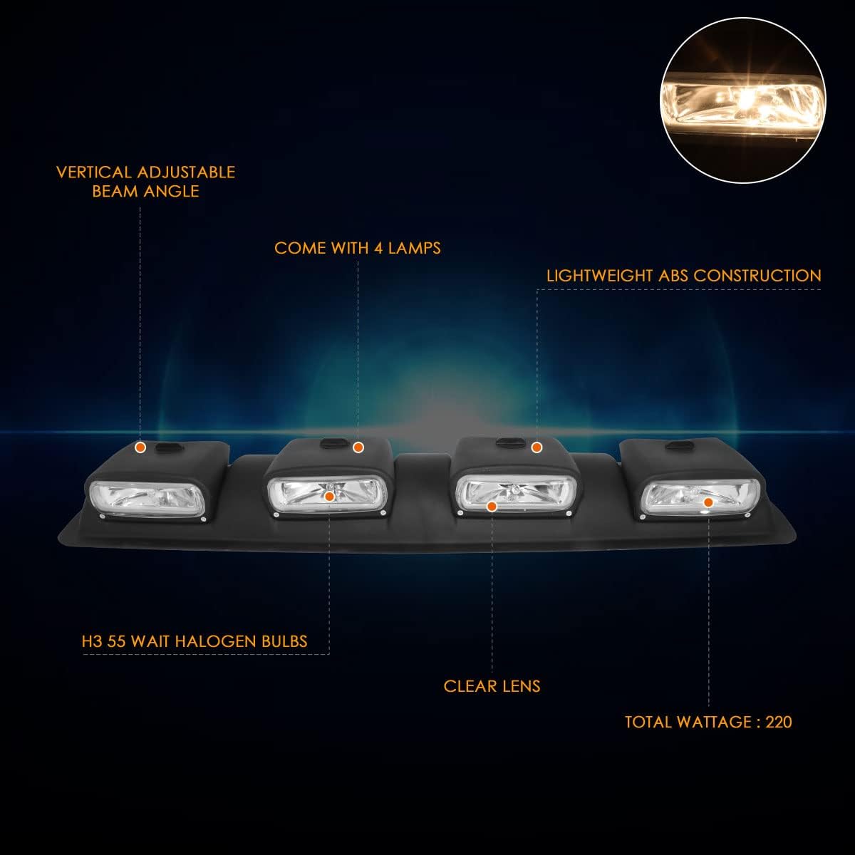 PM PERFORMOTOR Universal 38" W X 9" L X 4" H Roof Mounted Driving Fog Lights Lamps+Switch+Bulbs,Clear Lens