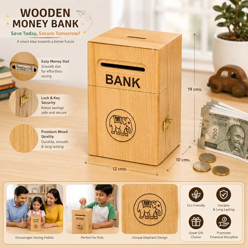 Image of ITOS365 Elephant Wooden Money Bank for Kids | Wooden Savings Box with Coin Slot | Reusable Cash Saving Bank | Educational Piggy Bank for Boys & Girls